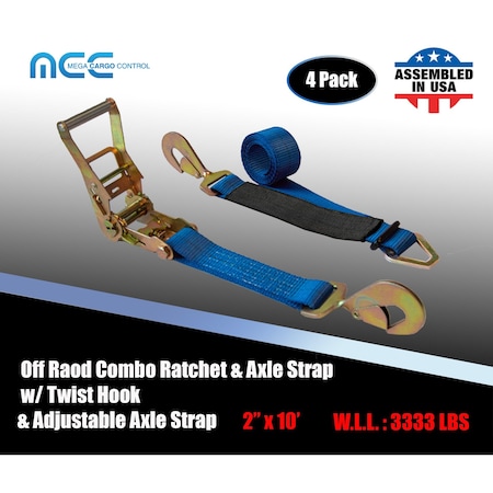 Tie 4 Safe Axle Ratchet Tie Down Strap w/ Snap Hook Race Car Hauler Trailer Flatbed Blue, 4PK RT42-10-BU-C-4